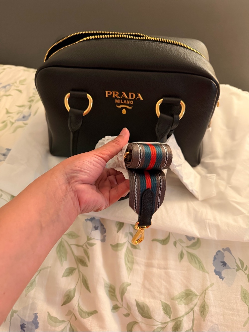 Prada Black Saffiano Leather Handbag with Striped Removable Strap-Brand new